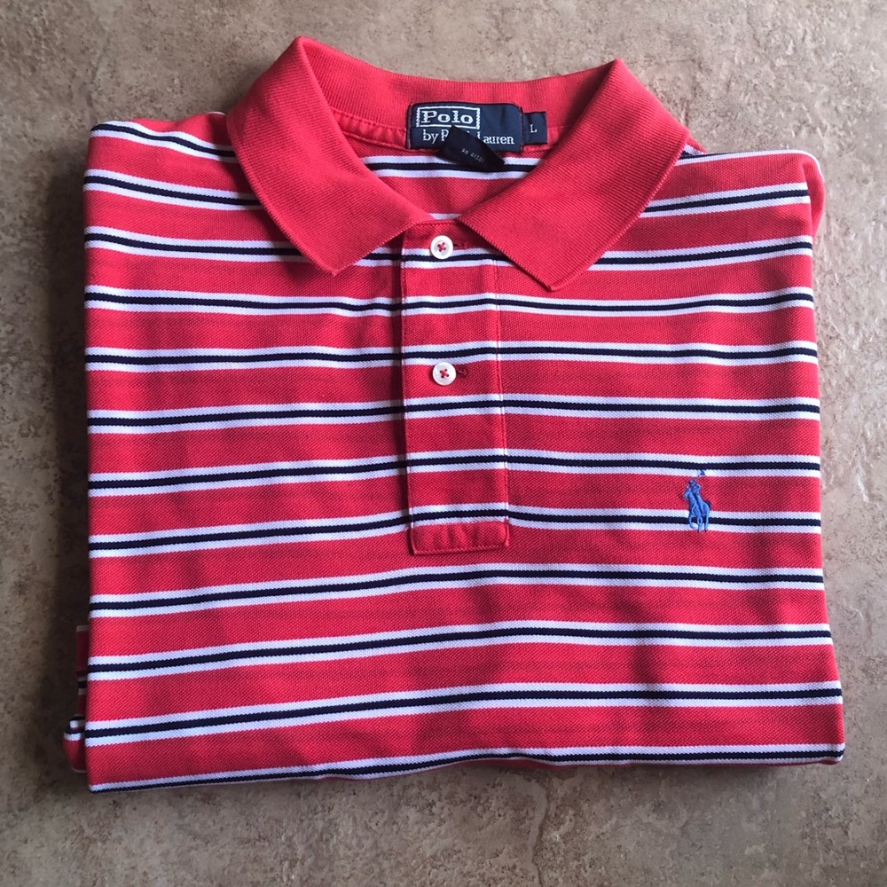POLO By Ralph Lauren Salmon Blue Stripe Polo Sz L